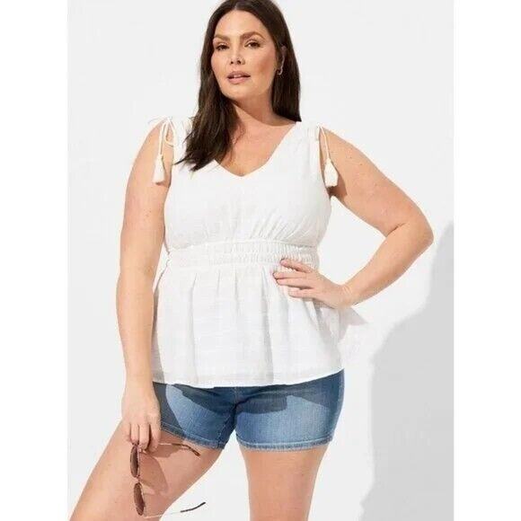 Torrid V-Neck White Tank Top with Cinched Waist and Tassel Sleeves Size 3 - Picture 1 of 8